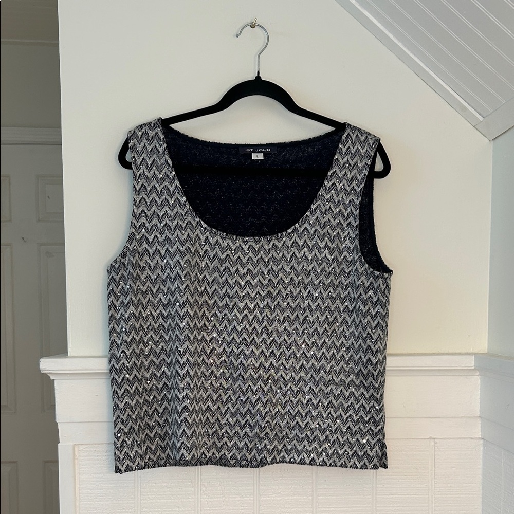 St John Navy Blue & Silver Sequin Sleeveless Top Women’s Large